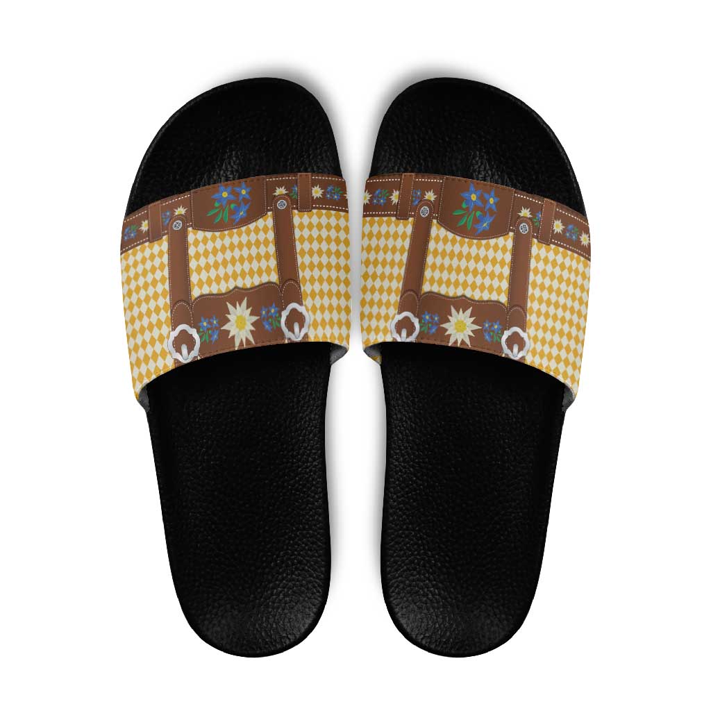 Lederhosen Oktoberfest Slide Sandals Gold Edelweiss Floral Polka Dots - Wonder Print Shop