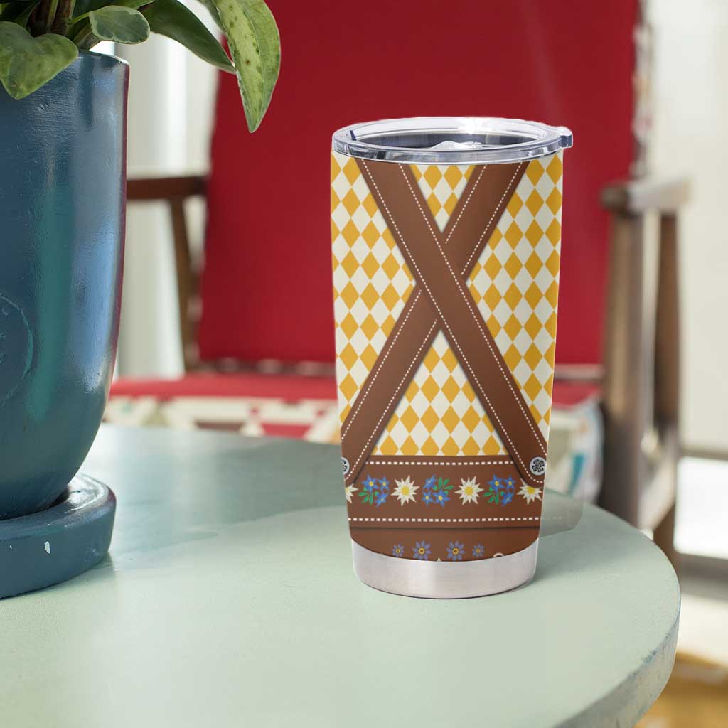 Lederhosen Oktoberfest Tumbler Cup Gold Edelweiss Floral Polka Dots - Wonder Print Shop