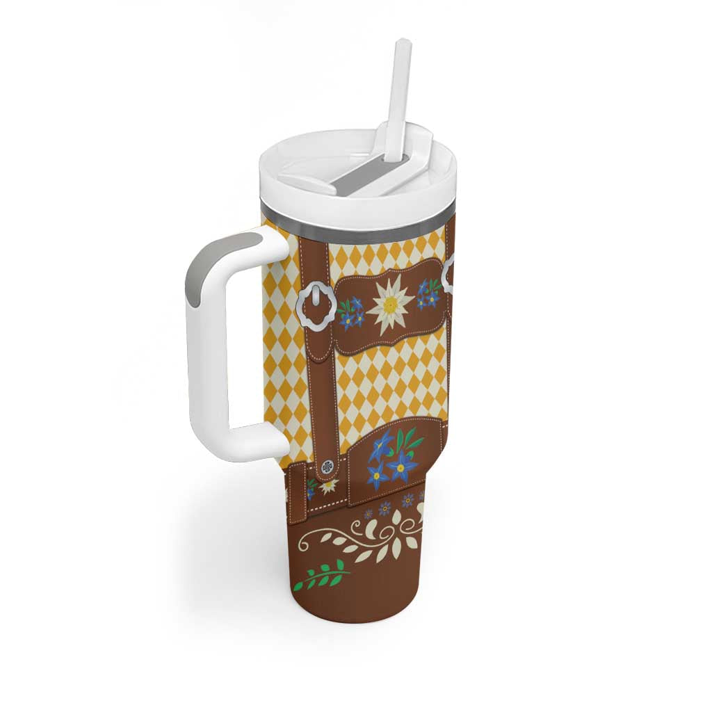 Lederhosen Oktoberfest Tumbler With Handle Gold Edelweiss Floral Polka Dots - Wonder Print Shop