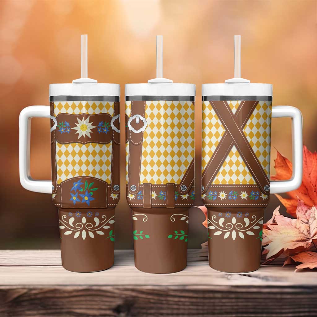 Lederhosen Oktoberfest Tumbler With Handle Gold Edelweiss Floral Polka Dots - Wonder Print Shop
