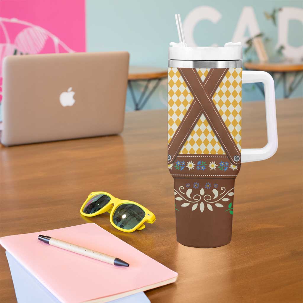 Lederhosen Oktoberfest Tumbler With Handle Gold Edelweiss Floral Polka Dots - Wonder Print Shop