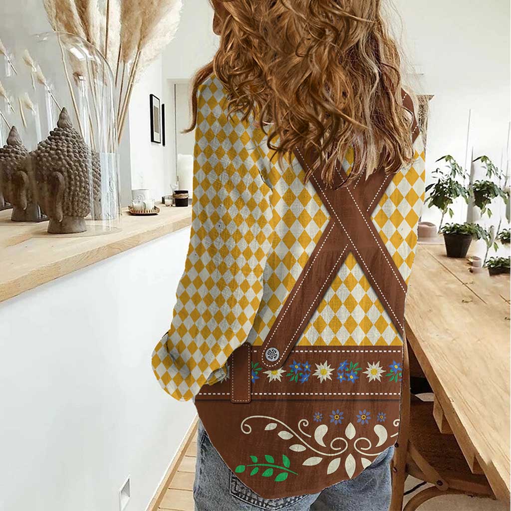 Lederhosen Oktoberfest Women Casual Shirt Gold Edelweiss Floral Polka Dots - Wonder Print Shop
