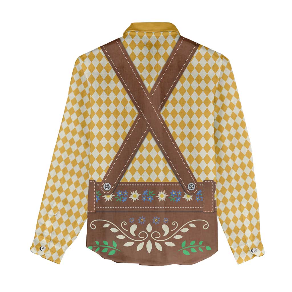 Lederhosen Oktoberfest Women Casual Shirt Gold Edelweiss Floral Polka Dots - Wonder Print Shop