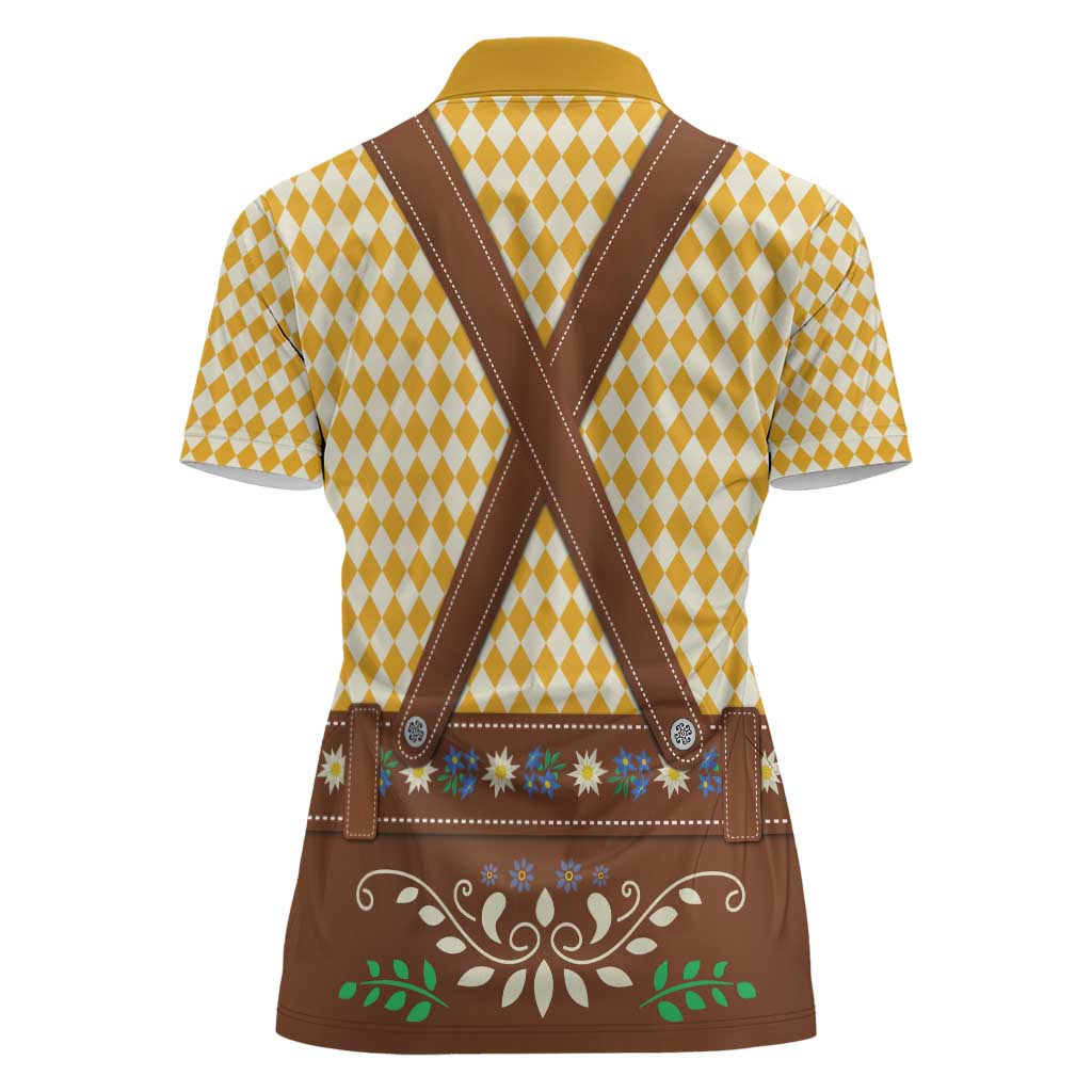 Lederhosen Oktoberfest Women Polo Shirt Gold Edelweiss Floral Polka Dots - Wonder Print Shop