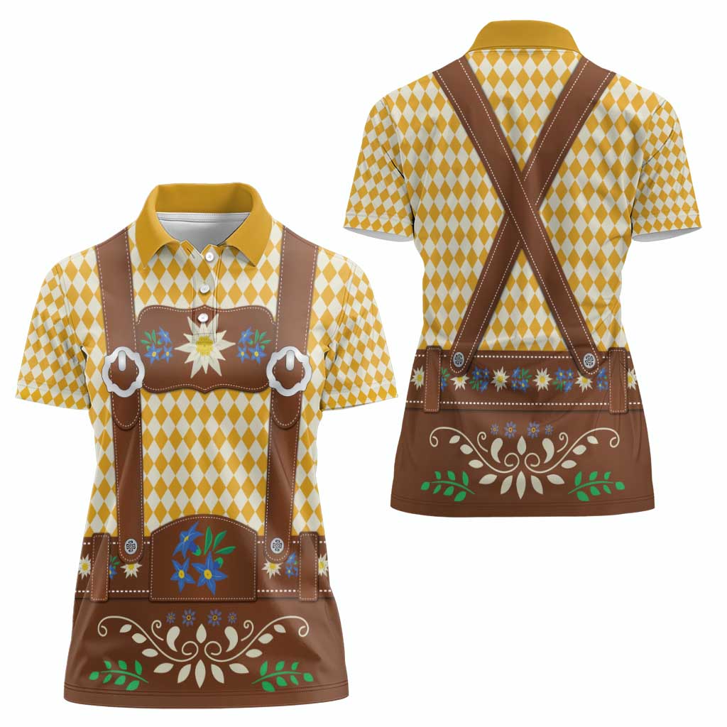 Lederhosen Oktoberfest Women Polo Shirt Gold Edelweiss Floral Polka Dots - Wonder Print Shop