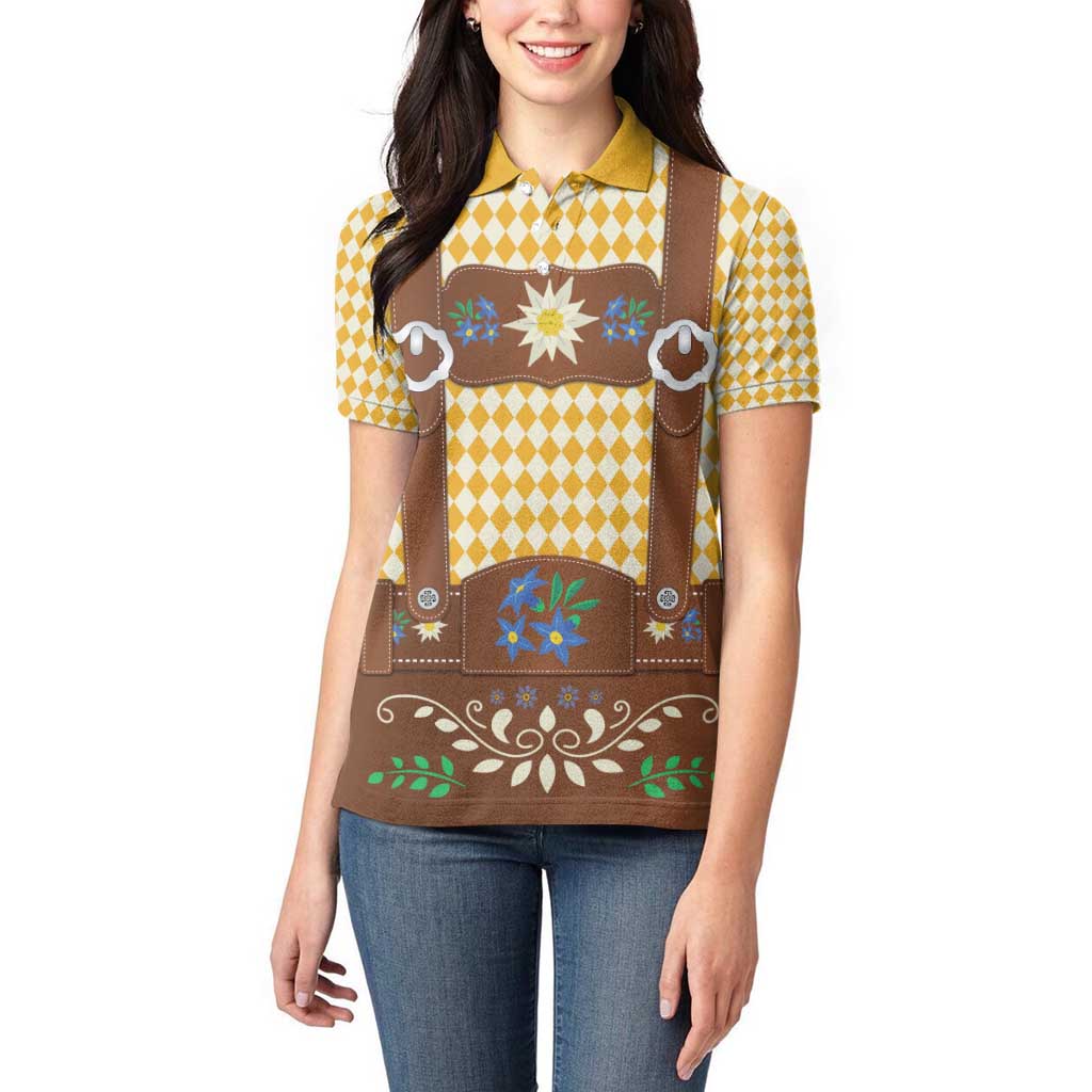 Lederhosen Oktoberfest Women Polo Shirt Gold Edelweiss Floral Polka Dots - Wonder Print Shop