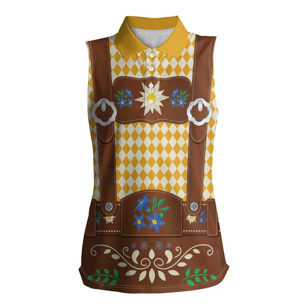 Lederhosen Oktoberfest Women Sleeveless Polo Shirt Gold Edelweiss Floral Polka Dots - Wonder Print Shop