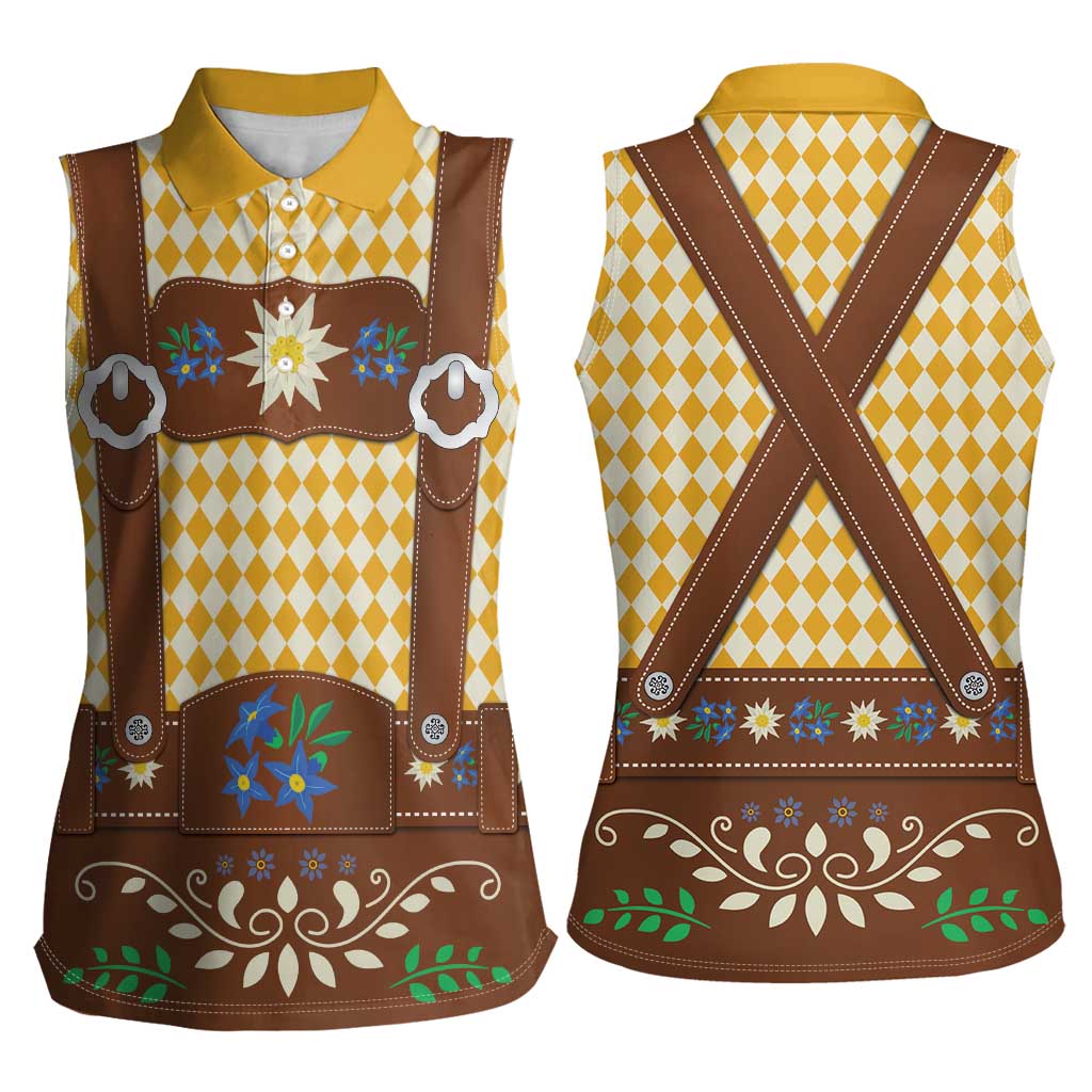 Lederhosen Oktoberfest Women Sleeveless Polo Shirt Gold Edelweiss Floral Polka Dots - Wonder Print Shop