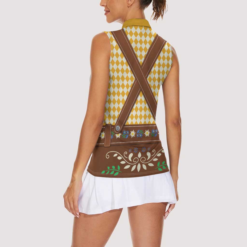Lederhosen Oktoberfest Women Sleeveless Polo Shirt Gold Edelweiss Floral Polka Dots - Wonder Print Shop