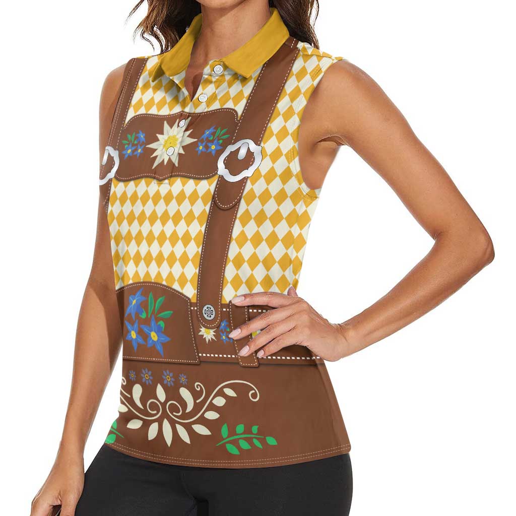 Lederhosen Oktoberfest Women Sleeveless Polo Shirt Gold Edelweiss Floral Polka Dots - Wonder Print Shop