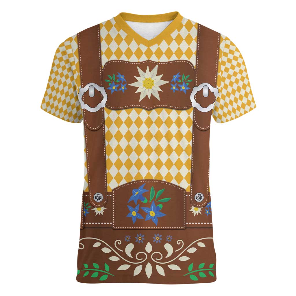 Lederhosen Oktoberfest Women V-Neck T-Shirt Gold Edelweiss Floral Polka Dots - Wonder Print Shop