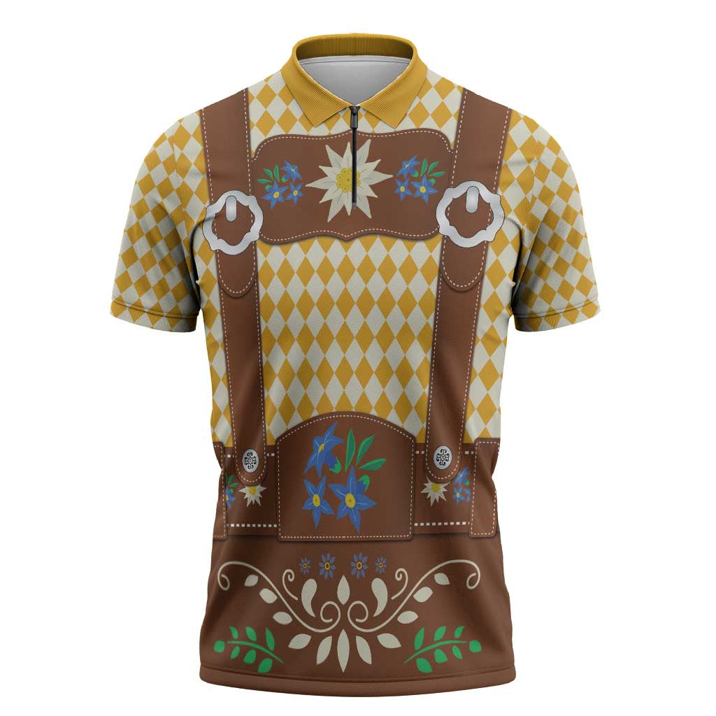 Lederhosen Oktoberfest Zipper Polo Shirt Gold Edelweiss Floral Polka Dots - Wonder Print Shop