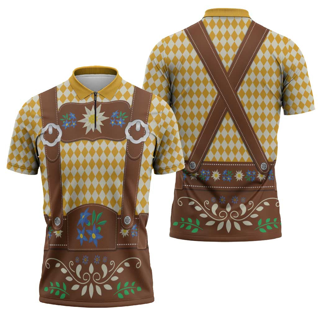 Lederhosen Oktoberfest Zipper Polo Shirt Gold Edelweiss Floral Polka Dots - Wonder Print Shop
