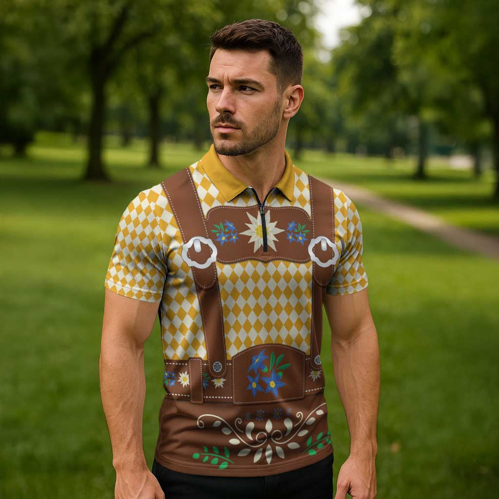 Lederhosen Oktoberfest Zipper Polo Shirt Gold Edelweiss Floral Polka Dots - Wonder Print Shop