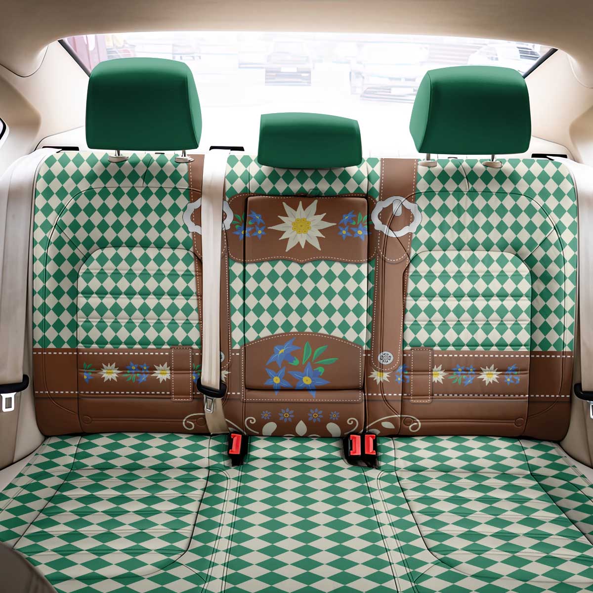 Lederhosen Oktoberfest Back Car Seat Cover Green Edelweiss Floral Polka Dots - Wonder Print Shop