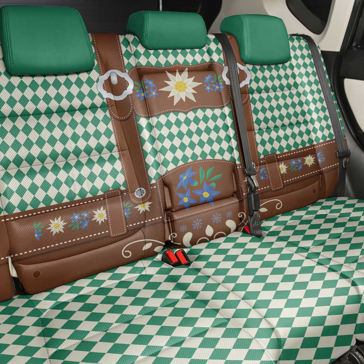 Lederhosen Oktoberfest Back Car Seat Cover Green Edelweiss Floral Polka Dots - Wonder Print Shop