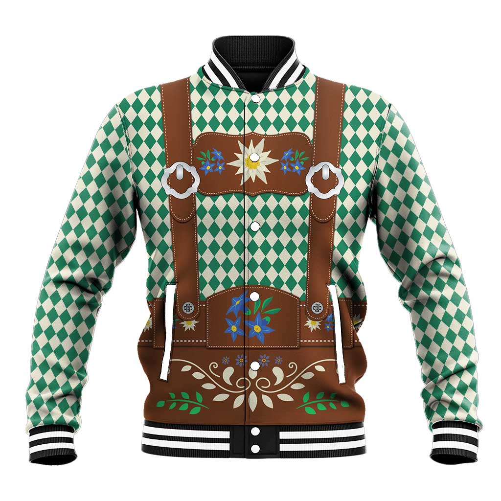 Lederhosen Oktoberfest Baseball Jacket Green Edelweiss Floral Polka Dots - Wonder Print Shop