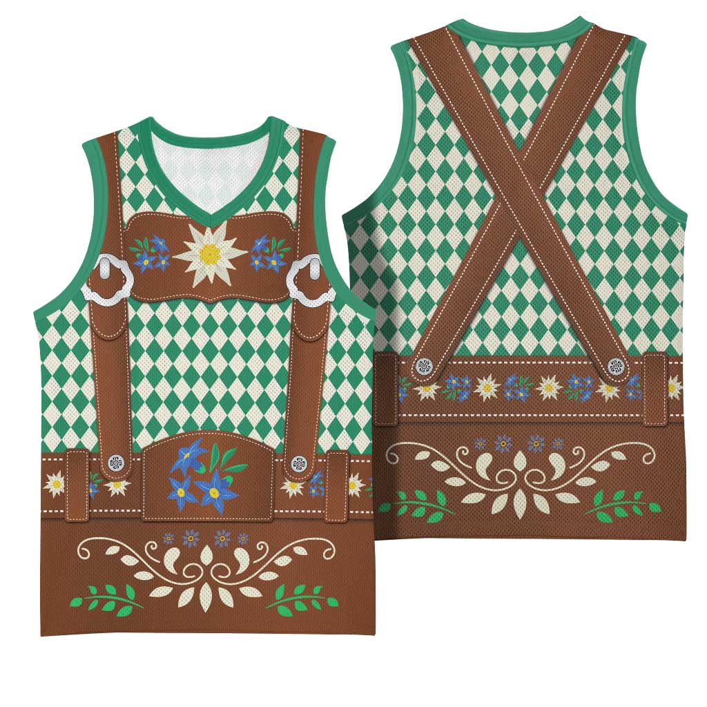 Lederhosen Oktoberfest Basketball Jersey Green Edelweiss Floral Polka Dots - Wonder Print Shop