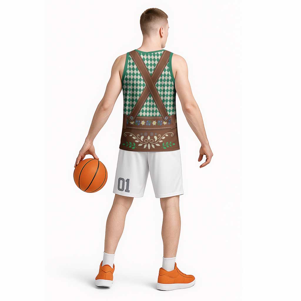 Lederhosen Oktoberfest Basketball Jersey Green Edelweiss Floral Polka Dots - Wonder Print Shop