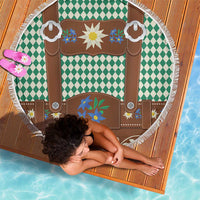 Lederhosen Oktoberfest Beach Blanket Green Edelweiss Floral Polka Dots - Wonder Print Shop