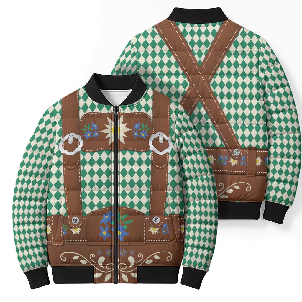 Lederhosen Oktoberfest Bomber Puffer Jacket Green Edelweiss Floral Polka Dots - Wonder Print Shop