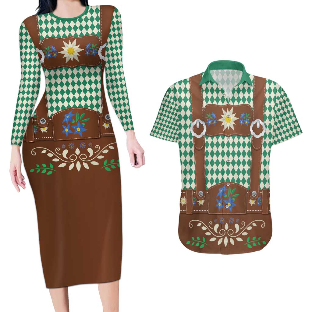 Lederhosen Oktoberfest Couples Matching Long Sleeve Bodycon Dress and Hawaiian Shirt Green Edelweiss Floral Polka Dots - Wonder Print Shop