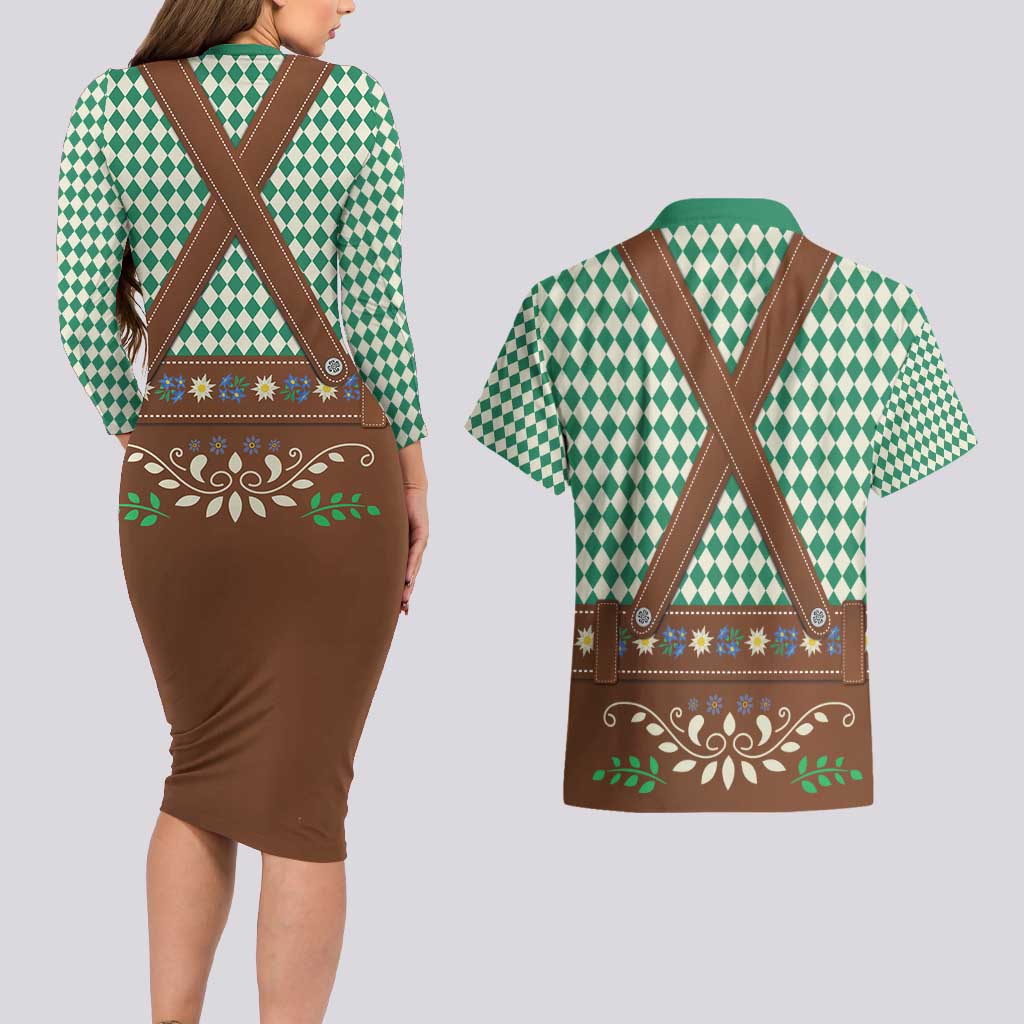 Lederhosen Oktoberfest Couples Matching Long Sleeve Bodycon Dress and Hawaiian Shirt Green Edelweiss Floral Polka Dots - Wonder Print Shop