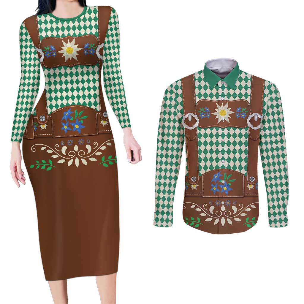 Lederhosen Oktoberfest Couples Matching Long Sleeve Bodycon Dress and Long Sleeve Button Shirt Green Edelweiss Floral Polka Dots - Wonder Print Shop