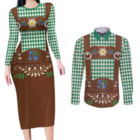 Lederhosen Oktoberfest Couples Matching Long Sleeve Bodycon Dress and Long Sleeve Button Shirt Green Edelweiss Floral Polka Dots - Wonder Print Shop