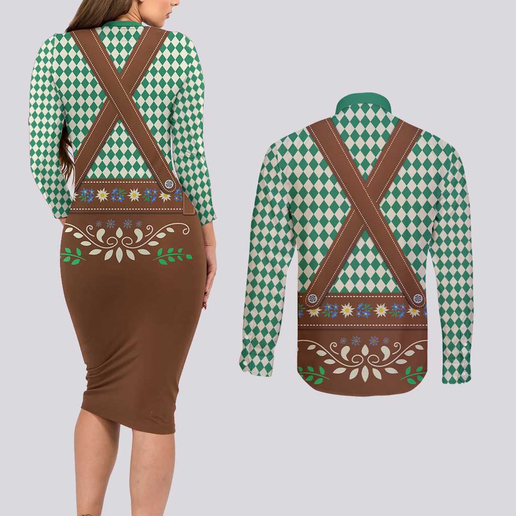 Lederhosen Oktoberfest Couples Matching Long Sleeve Bodycon Dress and Long Sleeve Button Shirt Green Edelweiss Floral Polka Dots - Wonder Print Shop