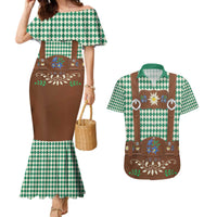 Lederhosen Oktoberfest Couples Matching Mermaid Dress and Hawaiian Shirt Green Edelweiss Floral Polka Dots - Wonder Print Shop