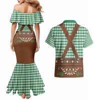 Lederhosen Oktoberfest Couples Matching Mermaid Dress and Hawaiian Shirt Green Edelweiss Floral Polka Dots - Wonder Print Shop