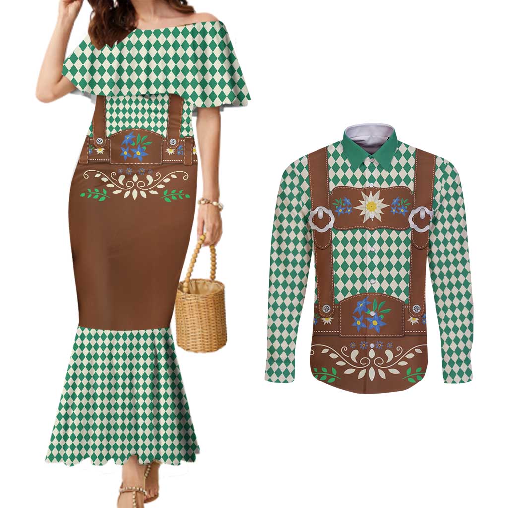 Lederhosen Oktoberfest Couples Matching Mermaid Dress and Long Sleeve Button Shirt Green Edelweiss Floral Polka Dots - Wonder Print Shop