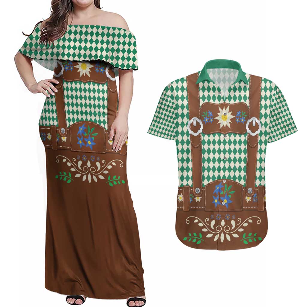 Lederhosen Oktoberfest Couples Matching Off Shoulder Maxi Dress and Hawaiian Shirt Green Edelweiss Floral Polka Dots - Wonder Print Shop