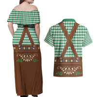 Lederhosen Oktoberfest Couples Matching Off Shoulder Maxi Dress and Hawaiian Shirt Green Edelweiss Floral Polka Dots - Wonder Print Shop