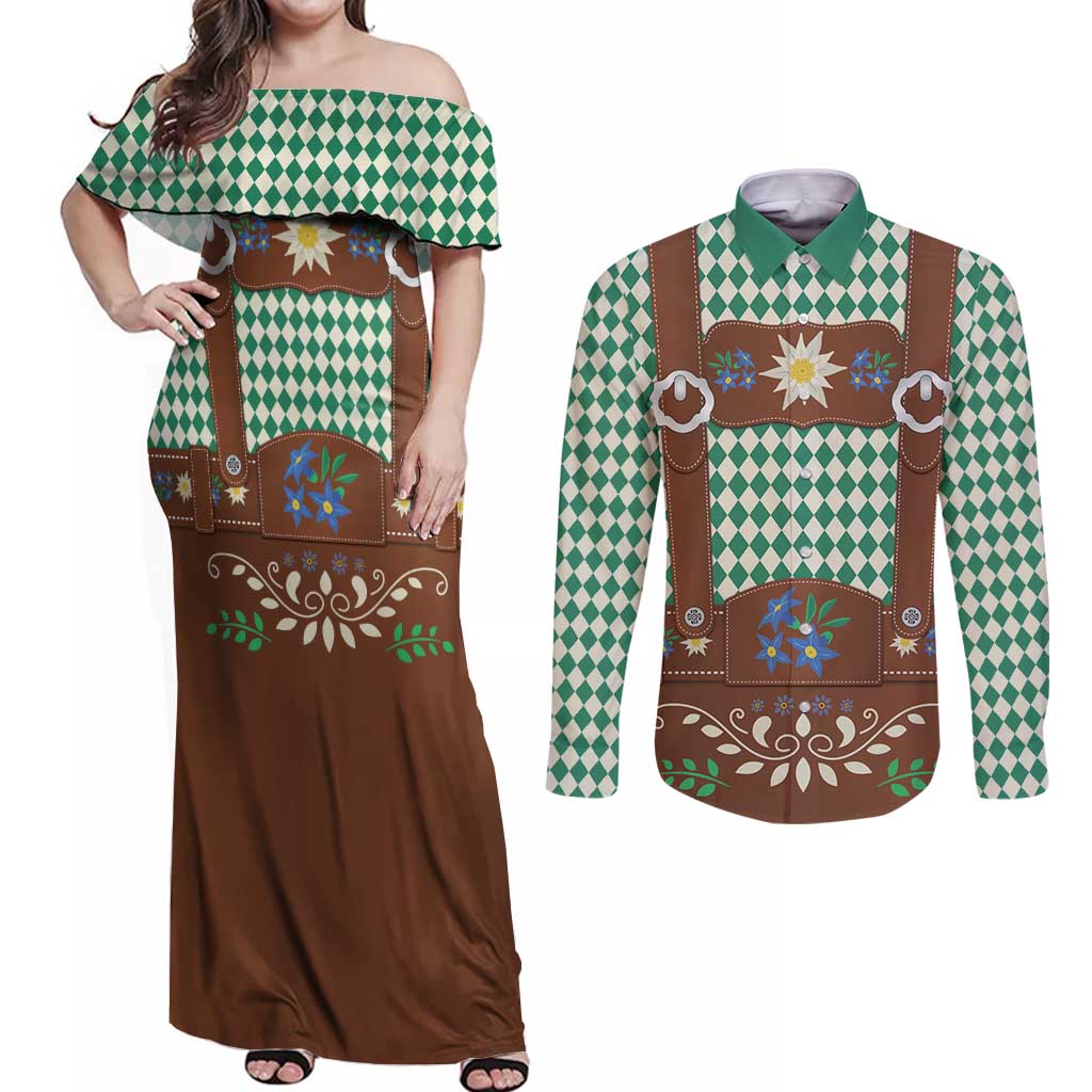 Lederhosen Oktoberfest Couples Matching Off Shoulder Maxi Dress and Long Sleeve Button Shirt Green Edelweiss Floral Polka Dots - Wonder Print Shop