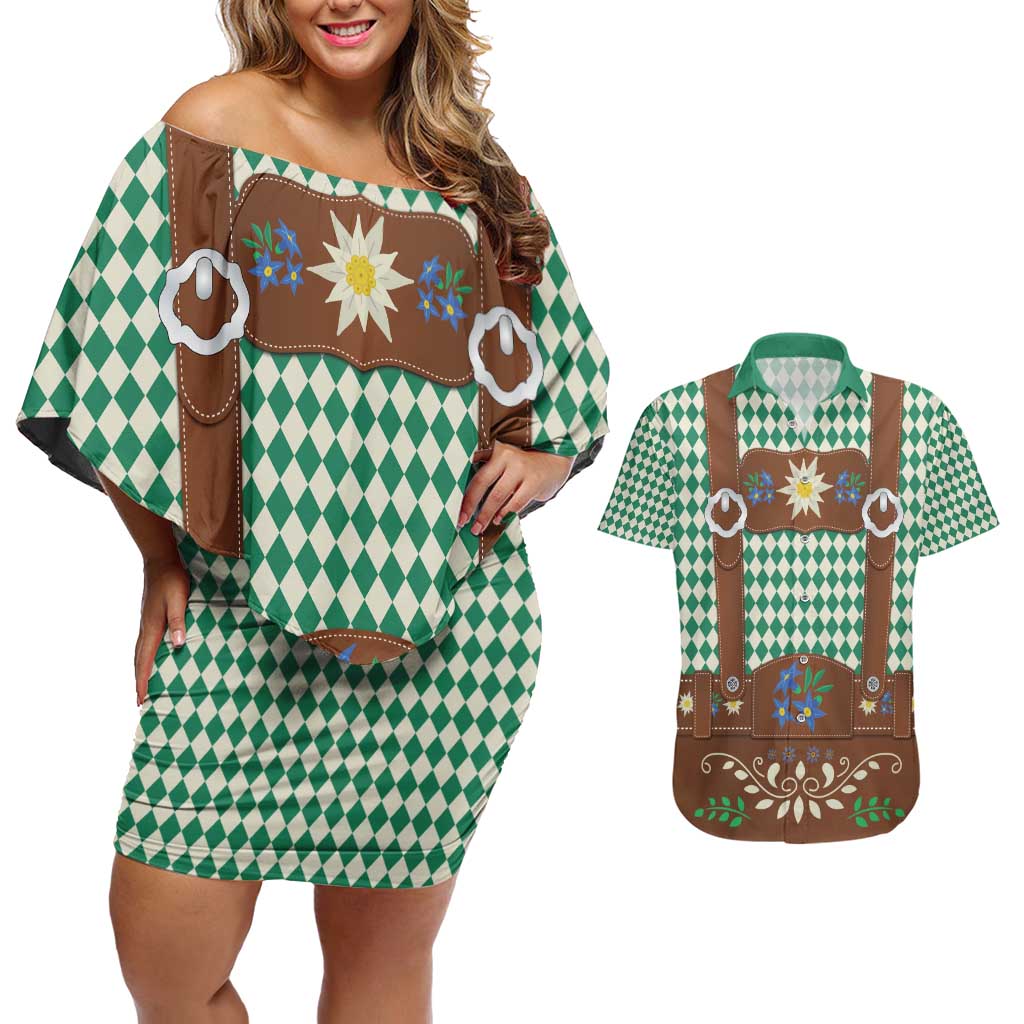 Lederhosen Oktoberfest Couples Matching Off Shoulder Short Dress and Hawaiian Shirt Green Edelweiss Floral Polka Dots - Wonder Print Shop