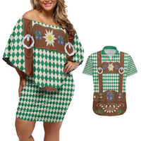 Lederhosen Oktoberfest Couples Matching Off Shoulder Short Dress and Hawaiian Shirt Green Edelweiss Floral Polka Dots - Wonder Print Shop