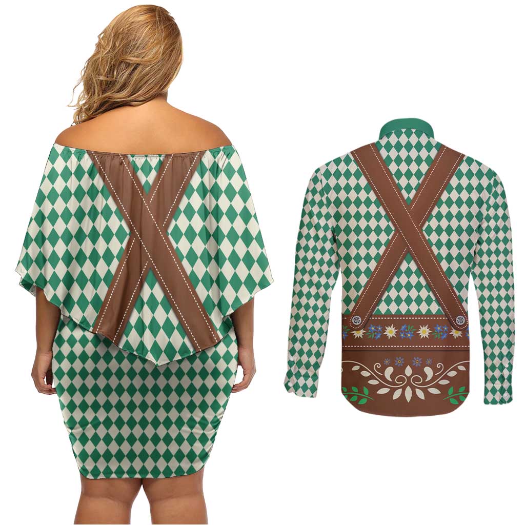 Lederhosen Oktoberfest Couples Matching Off Shoulder Short Dress and Long Sleeve Button Shirt Green Edelweiss Floral Polka Dots - Wonder Print Shop
