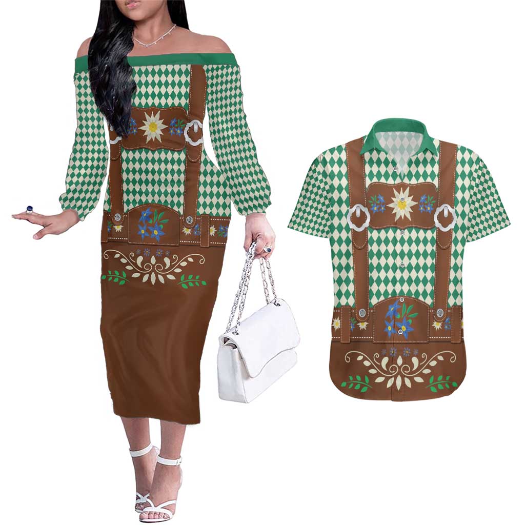 Lederhosen Oktoberfest Couples Matching Off The Shoulder Long Sleeve Dress and Hawaiian Shirt Green Edelweiss Floral Polka Dots - Wonder Print Shop