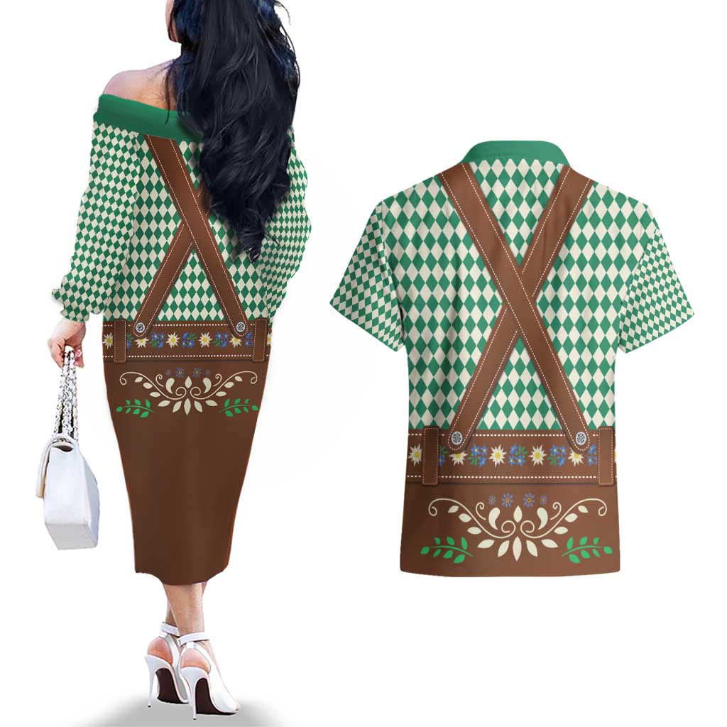Lederhosen Oktoberfest Couples Matching Off The Shoulder Long Sleeve Dress and Hawaiian Shirt Green Edelweiss Floral Polka Dots - Wonder Print Shop