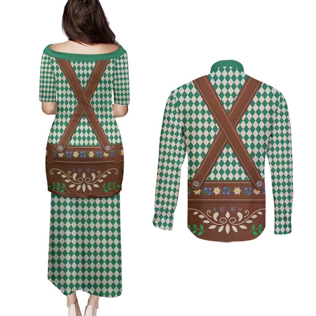 Lederhosen Oktoberfest Couples Matching Puletasi and Long Sleeve Button Shirt Green Edelweiss Floral Polka Dots - Wonder Print Shop