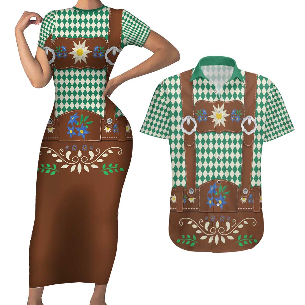 Lederhosen Oktoberfest Couples Matching Short Sleeve Bodycon Dress and Hawaiian Shirt Green Edelweiss Floral Polka Dots - Wonder Print Shop