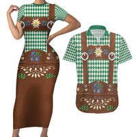 Lederhosen Oktoberfest Couples Matching Short Sleeve Bodycon Dress and Hawaiian Shirt Green Edelweiss Floral Polka Dots - Wonder Print Shop