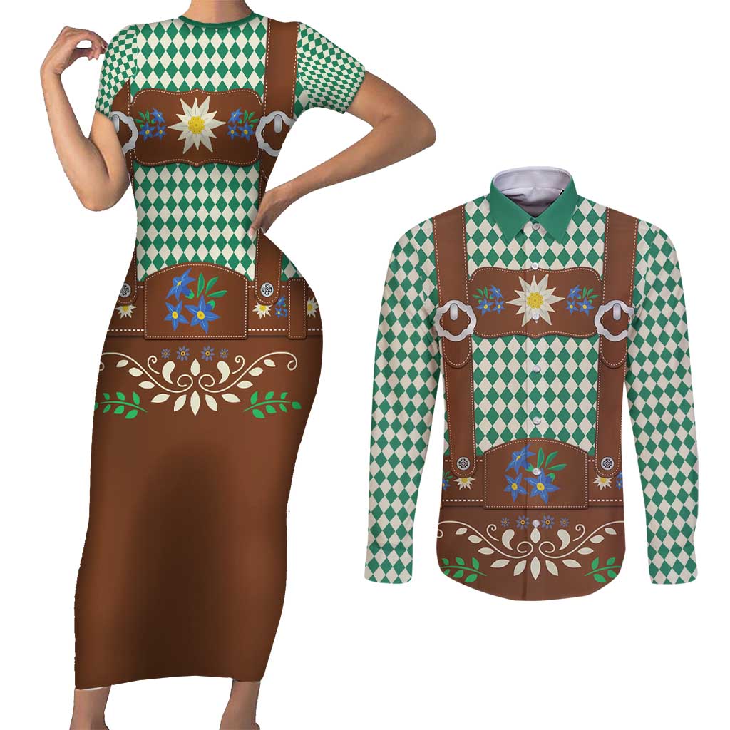Lederhosen Oktoberfest Couples Matching Short Sleeve Bodycon Dress and Long Sleeve Button Shirt Green Edelweiss Floral Polka Dots - Wonder Print Shop