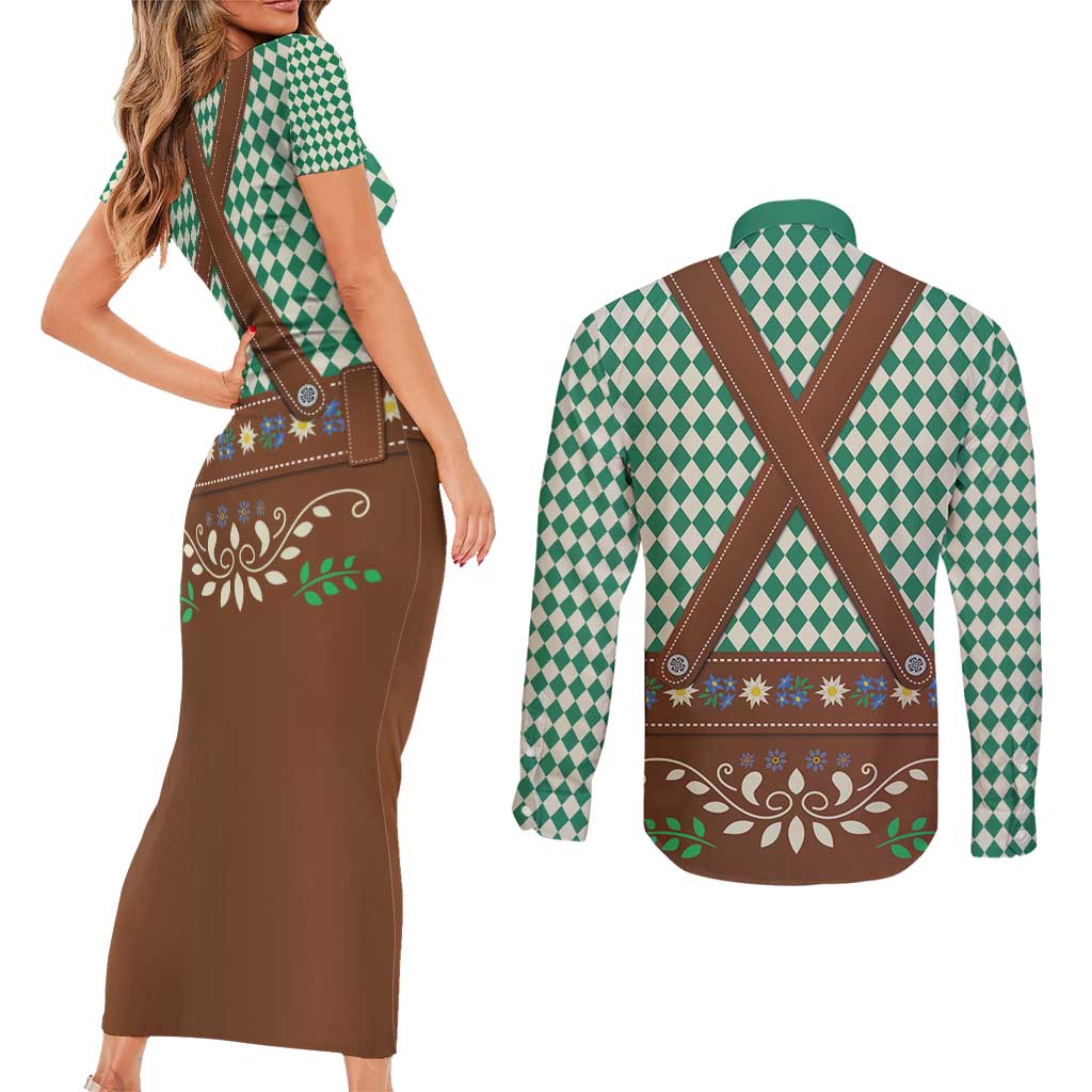 Lederhosen Oktoberfest Couples Matching Short Sleeve Bodycon Dress and Long Sleeve Button Shirt Green Edelweiss Floral Polka Dots - Wonder Print Shop