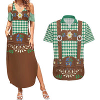 Lederhosen Oktoberfest Couples Matching Summer Maxi Dress and Hawaiian Shirt Green Edelweiss Floral Polka Dots - Wonder Print Shop