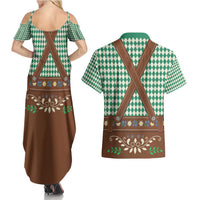 Lederhosen Oktoberfest Couples Matching Summer Maxi Dress and Hawaiian Shirt Green Edelweiss Floral Polka Dots - Wonder Print Shop