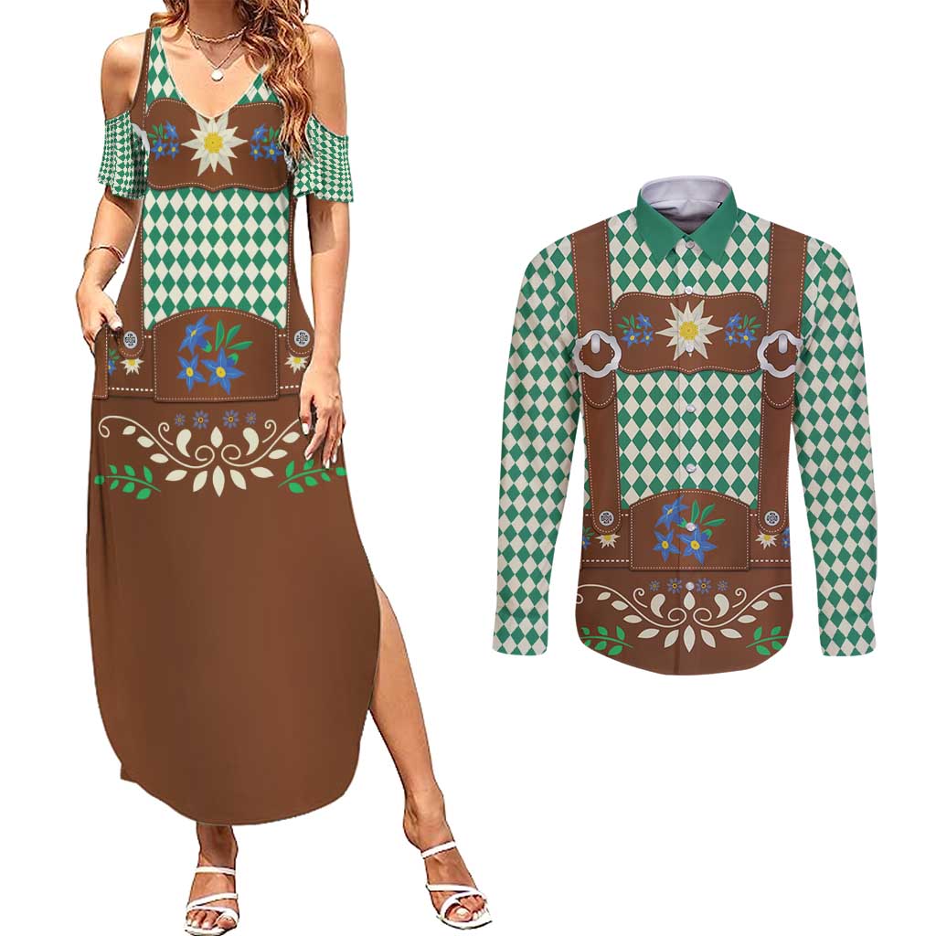 Lederhosen Oktoberfest Couples Matching Summer Maxi Dress and Long Sleeve Button Shirt Green Edelweiss Floral Polka Dots - Wonder Print Shop