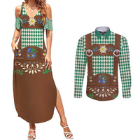 Lederhosen Oktoberfest Couples Matching Summer Maxi Dress and Long Sleeve Button Shirt Green Edelweiss Floral Polka Dots - Wonder Print Shop